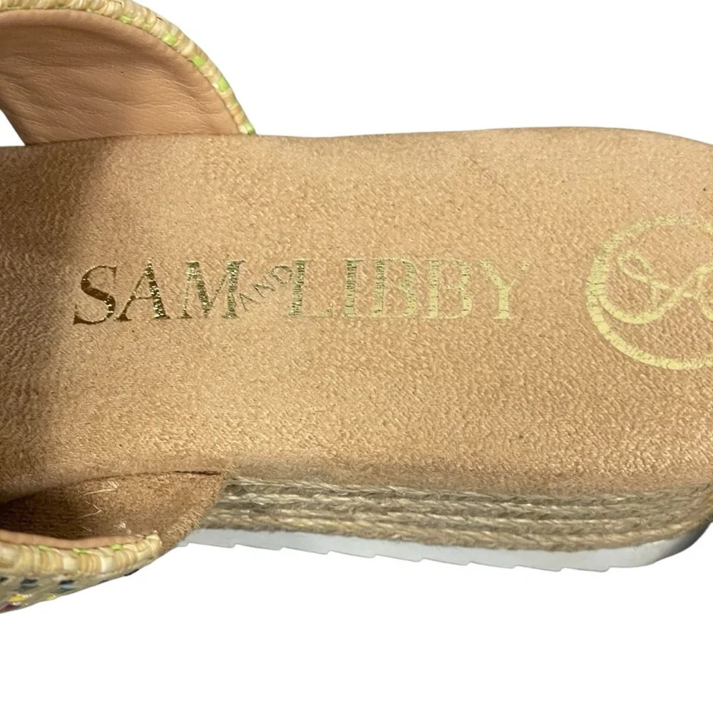 Sam & Libby Charlee Raffia Tan Strap Slip On Wedge Shoe Sandal Sz 9